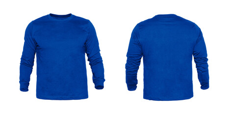 Blank long sleeve T Shirts color blue on invisible mannequin template front and back view on white background
