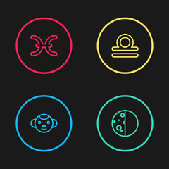 Set line Monkey zodiac, Eclipse of the sun, Libra and Pisces icon. Vector