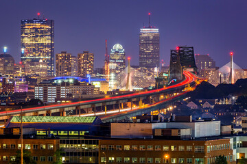 Aerial view of Boston in Massachusetts, USA at night.