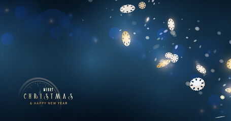 Happy New Year 2022. Golden snowflakes fall with bokeh light on dark blue background. Vector illustration