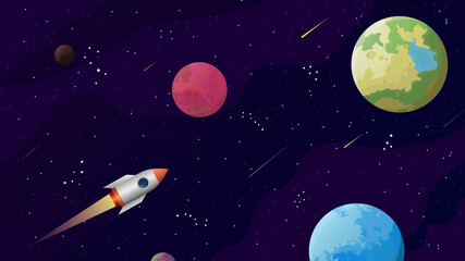 Space wallpaper with rocket, stars, meteors and different planets. Interstellar travel and exploration of new galaxies. The spaceship is traveling to new planets.