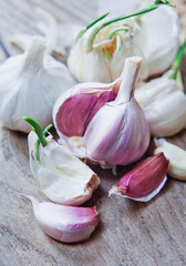 Fresh Garlic cloves with green chives ready to plant.
