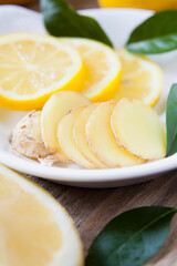 Lemon and ginger slices ready to make delicious hot tea.