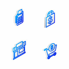 Set Isometric line Shoping bag and dollar, POS terminal with credit card, Shopping building or market store and cart icon. Vector