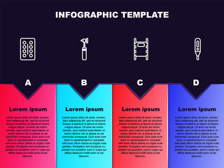 Set line Pills in blister pack, Medical otoscope tool, Stretcher and digital thermometer. Business infographic template. Vector