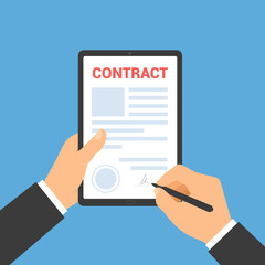 Flat design illustration of a hand of a manager or clerk holding a touch screen tablet. Pen signs a business contract on a blue background, vector