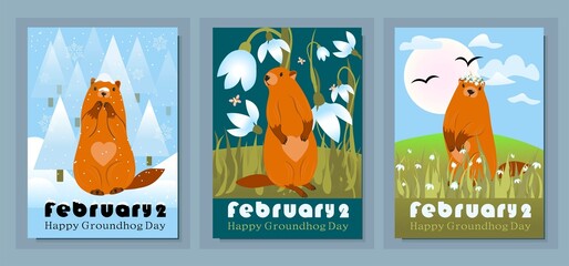 Happy groundhog day design with cute marmots. Marmot or beaver wild animal relax on nature vector illustration. Funny character. set of greeting cards. Vector illustration