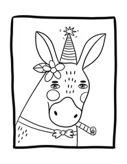 Happy Birthday coloring book page with funny animal. Donkey card