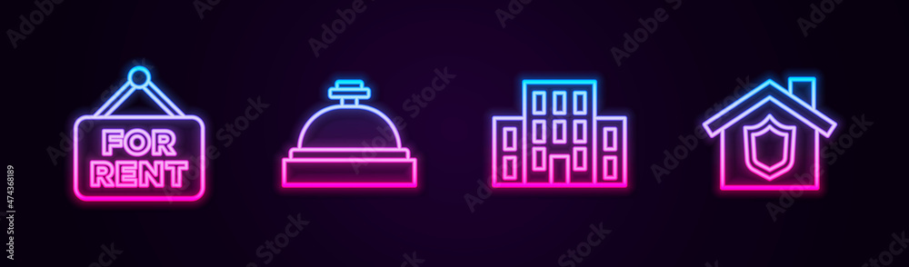 Wall mural Set line Hanging sign with For Rent, Hotel service bell, House and shield. Glowing neon icon. Vector