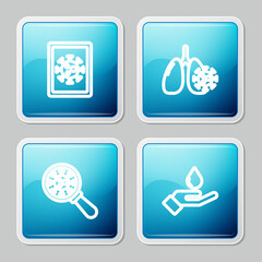 Set line Virus statistics on monitor, cells in lung, under magnifying glass and Washing hands with soap icon. Vector