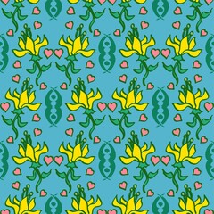 Sweet Fresh Floral Vector Repeat Pattern In Blue And Yellow