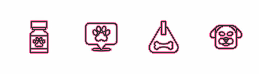 Set line Medicine bottle and pills, Dog collar, Location veterinary hospital and icon. Vector