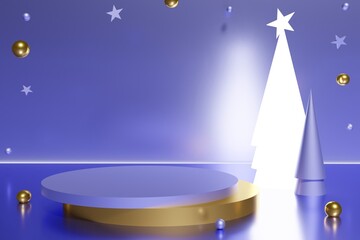Fototapeta na wymiar 3d render of violet and gold podium with purple and neon white cone Christmas trees 