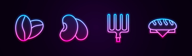 Set line Coffee beans, Beans, Garden pitchfork and Bread loaf. Glowing neon icon. Vector