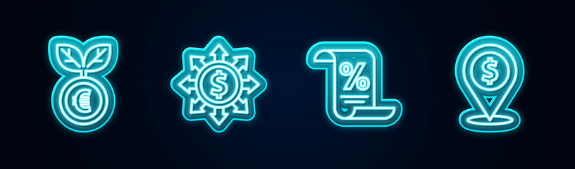 Fototapeta premium Set line Euro plant, Dollar, share, network, Finance document and Cash location. Glowing neon icon. Vector