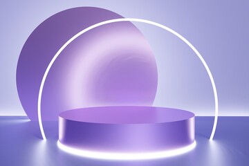 3d render of violet podium on a purple background with neon lights toned