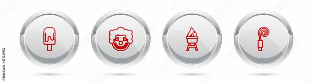 Wall mural set line ice cream, clown head, barbecue grill and birthday party horn. silver circle button. vector