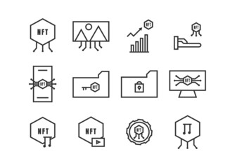 Set of NFT (Non-fungible token) icons. Thin line icons such as blockchain technology, cloud computing, and cryptocurrency. Editable stroke. Pixel perfect 64x64 For web and mobile.