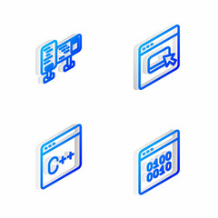 Set Isometric line Browser files, Computer monitor screen, Software and Binary code icon. Vector