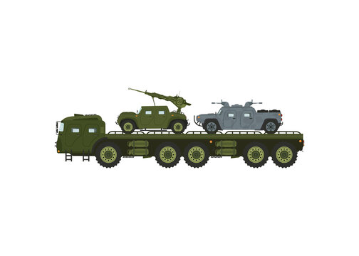 A military tractor vehicle transports a tank. Transportation of military equipment. Vector.