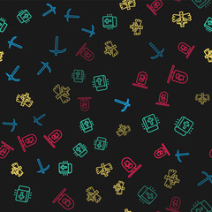 Set line Pickaxe, Holy bible book, Christian cross and Street signboard with Bar on seamless pattern. Vector