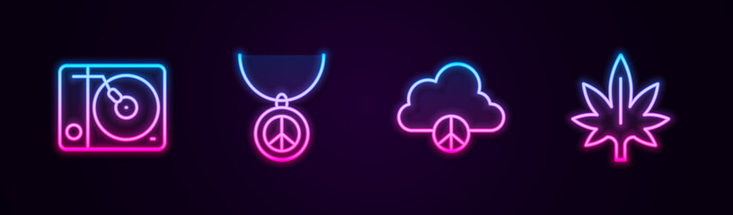 Set line Vinyl player, Necklace with peace symbol, Peace cloud and Marijuana. Glowing neon icon. Vector