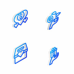 Set Isometric line Leaf in hand, Donation charity, and Give gift icon. Vector