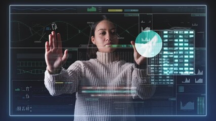 Female Scientist operating futuristic medical interface augmented reality touchscreen with hologram graphics DNA research and  EEG Scan Data Neural Network Activity