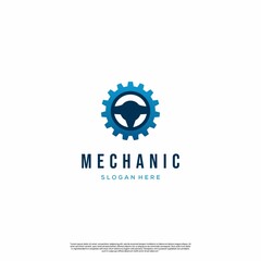 mechanic logo design concept modern. steering wheel with gear logo design on isolated background