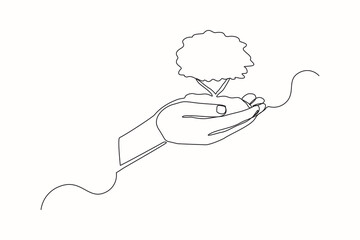 Continuous one line drawing palm hand holding together a green young plant. Single one line hand holding tree. Forest conservation concept design vector graphic illustration