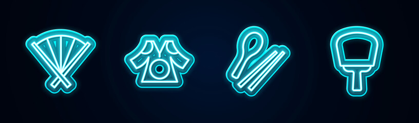 Set line Traditional fan, Kimono, Food chopsticks and Korean hand. Glowing neon icon. Vector