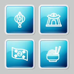 Set line Korean lantern, temple, South flag and Asian noodles in bowl icon. Vector