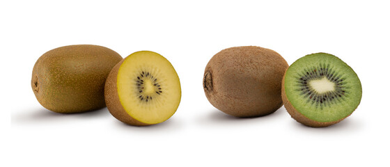 Yellow kand green kiwi fruit isolated on white background. BIO fruits.