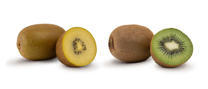 Yellow kand green kiwi fruit isolated on white background. BIO fruits.