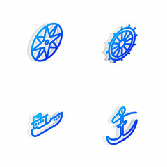 Set Isometric line Ship steering wheel, Wind rose, Cargo ship and Anchor icon. Vector © vector_v