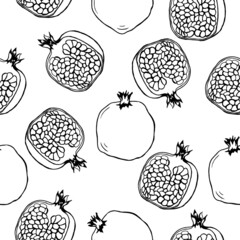 Seamless pattern of pomegranate fruit,whole and half, on a white background.Vector pattern in doodle style, manual drawing.