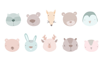 Set of cute animal heads. Cartoon zoo. Collection of cute animal characters in cartoon style. Penguin, fox, bear, raccoon, hare, deer. Vector.