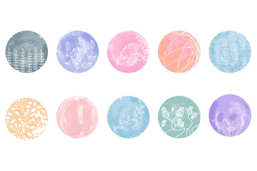 Highlight cover set, abstract floral botanical icons for social media. Vector illustration.  watercolor design. Set of Instagram Story Highlights Covers Icons. Colorful watercolor background