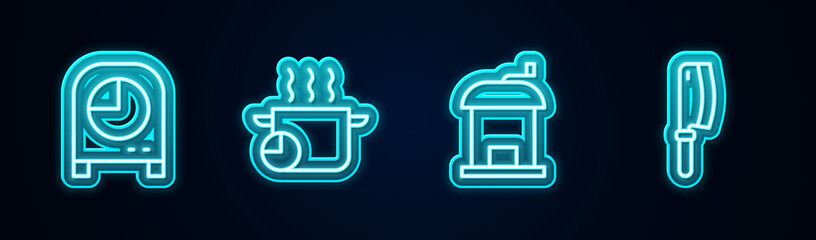 Set line Kitchen timer, Cooking pot, Manual coffee grinder and Meat chopper. Glowing neon icon. Vector