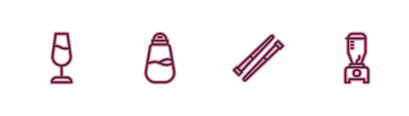 Set line Wine glass, Food chopsticks, Salt and Blender icon. Vector