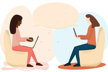 Young women with laptop and tablet or mobile phone working or studying while sitting in chairs. Freelance, home office, social networks, online communication and remote education concept