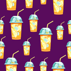 Seamless pattern citrus cocktail with lemon and orange slices, ice, in a plastic cup with a transparent lid on a purple background.Vector, bright pattern.