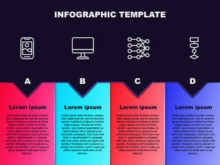 Set line Mobile phone, Computer monitor, Neural network and Algorithm. Business infographic template. Vector