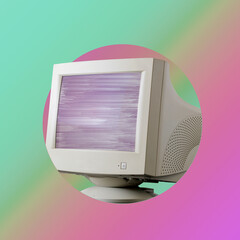 On velvet purple and green background is retro monitor with glitch on screen.