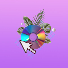 Fancy nostalgic graphic collage with disk and computer screen cursor and green tropical leaves
