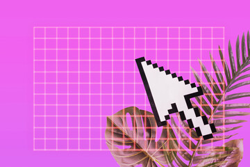 Retro-style collage with mouse cursor of computer monitor with neon palm grid. - obrazy, fototapety, plakaty