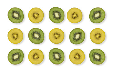 Pattern of kiwi slices. Food background. Yellow and green kiwi slices.