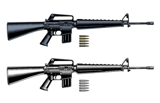 M16 assault rifle or machine gun and ammo cartridges, monochrome black and white and color vector illustration.