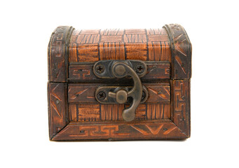 A box in the form of an old chest, upholstered in leather and with a massive iron latch