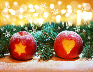Christmas card with apples, fir branches und lights, copy space